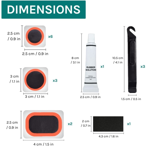 Reparasjonssett for sykkeldekk med gummiløsning og oppbevaringsboks for alle sykler; landeveissykler, terrengsykler, bysykler.
