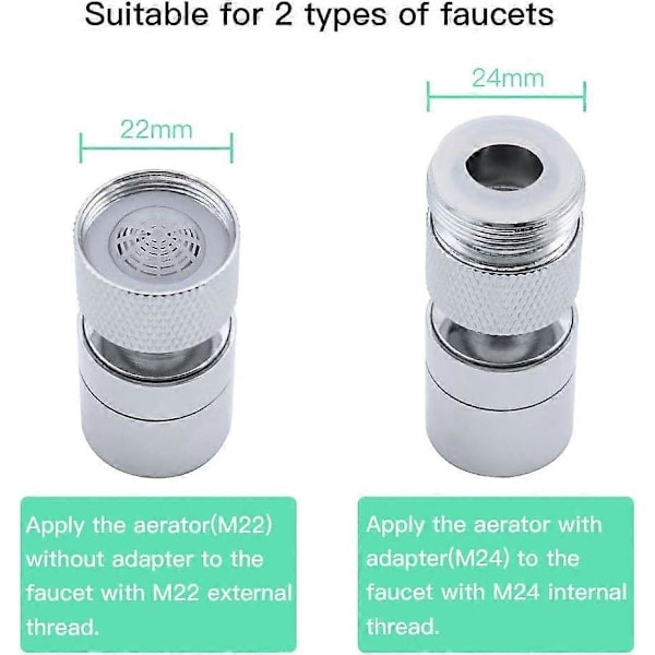 360° Drejelig Vandhane Luftblander Messing 2 Positioner Justerbar Køkkenarmatur Filter Bubler med Dyseadapter - til Vandhaner med M22 Udvendigt Gevind Dyse elle...