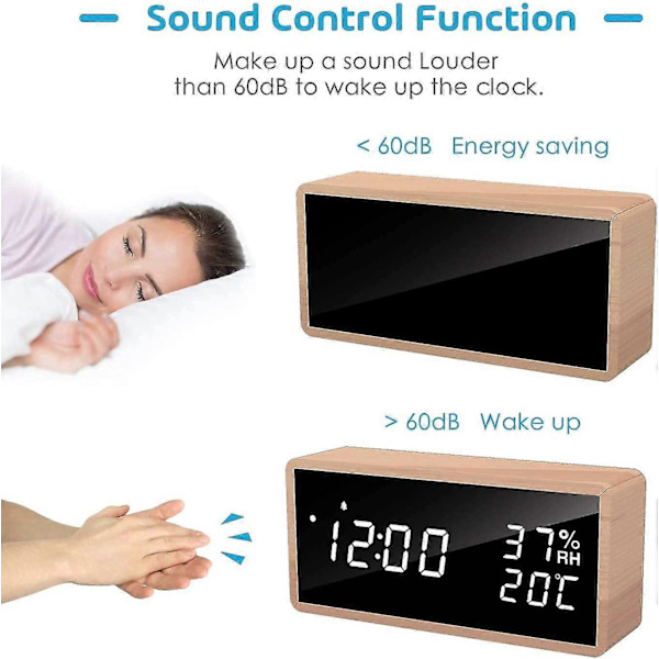 Elektronisk väckarklocka, trädigital väckarklocka med 3 larmfunktioner, USB-driven digital klocka med tid, temperatur och fuktighets-LED-display (y