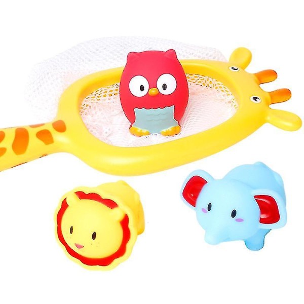 4 stk Babybadeleker Fiske Flytende Squirts Toy Bath Time Toys Sett Sand Fishing Toy (siraffnett + Løve + Ugle + Babyelefant)
