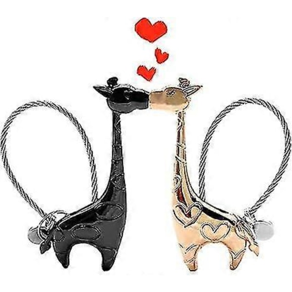 Par Keychain, 1 Par Söt Giraff Keychain Magnetisk Kärlek Keychain Med Aluminium Presentask Par Keychain Flickvän Present (Svart Guld Och Ros