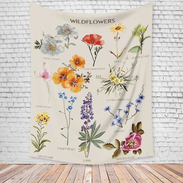 Tapestry Botanical Wildflower -seinävaate Kukkakartta Hippi Bohemian Tapestries Värikäs (1 kpl)