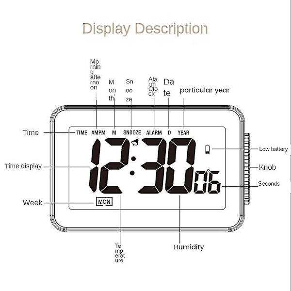 Digital alarmklokke, LCD-klokke for soverom, elektronisk bordklokke med temperaturvisning, seng