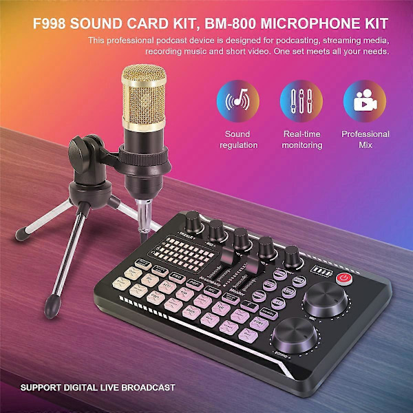 F998 Ljudkortssats, BM-800 Mikrofonpaket, med Live Ljudkort, Audiomixer Kondensator PC Gaming Mic