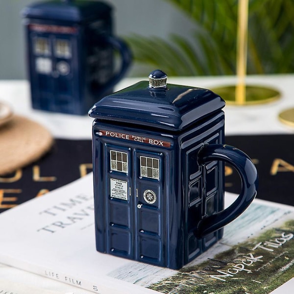 Doctor Who Tardis-krus Kaffe-te-kop Police Box Keramikkrus med lågdæksel Fødselsdagsgave