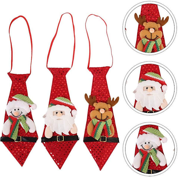 Juleknyttebånd med paljetter, forhåndsbundet elastisk slips, dukkefigur, barneslips til julefestkostyme (rød) (3 stk)