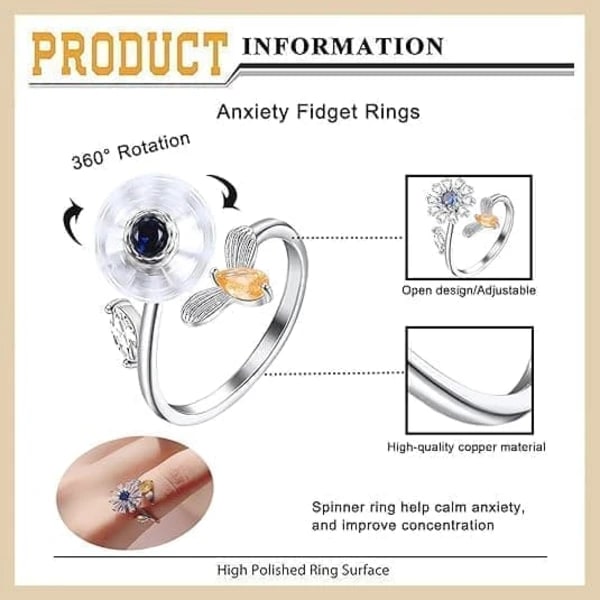 Stressring 6-pak – Justerbar angstring & fidgetring til kvinder Silver 6st