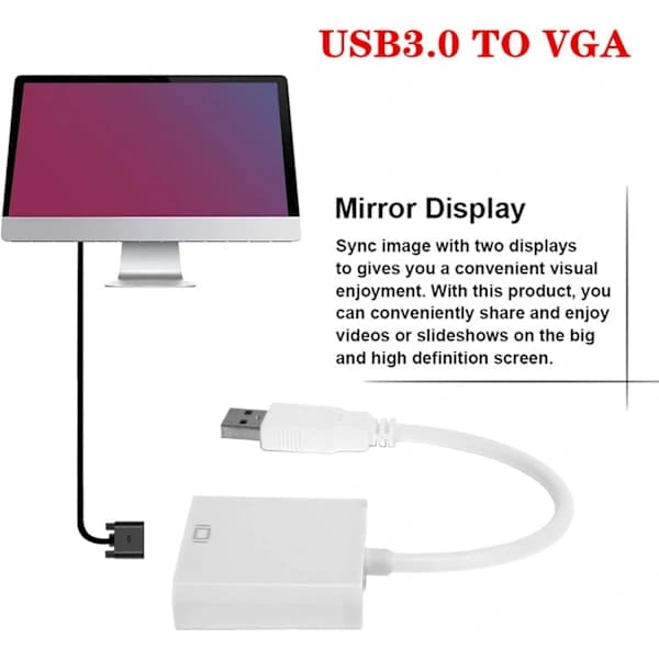 USB til VGA-omformer, HD-videoadapter, hvit