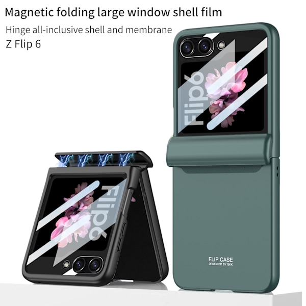 Etui for SM ZFlip6 mobiltelefon, sammenleggbar skjerm, ultratynt stort vindu, skallfilm, integrert magnetisk absorpsjon, kryss green