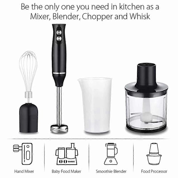 4-i-1 Högpresterande Immersion Handstavmixer Inkluderar Hackare och Smoothiekopp Rostfritt Stål