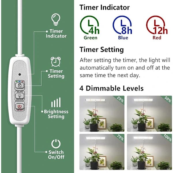 Justerbart LED-plantelys med 3 lysmoduser og 4 dimmenivåer.