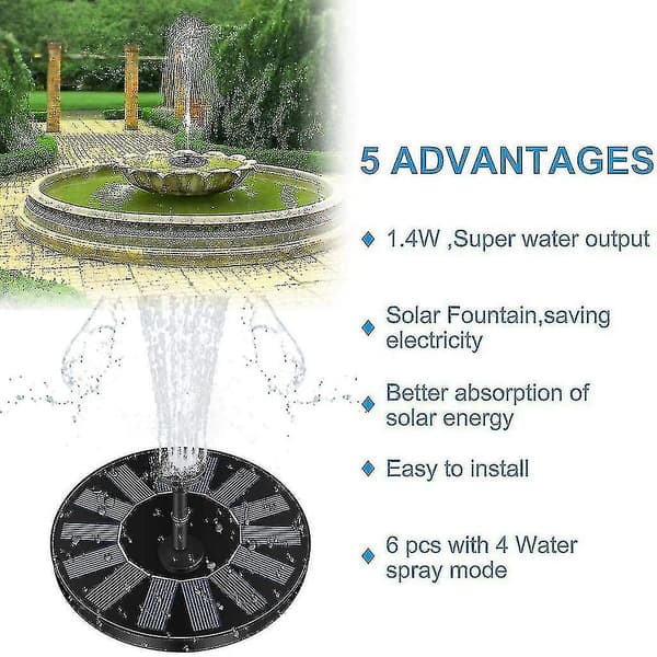 Solcellsdriven fontän, 1,4w solcellsdriven dammpump med 4 effekter | Maximal 70 cm höjd solcellsdriven vattenpump | Solcellsdriven flytande fontänpump