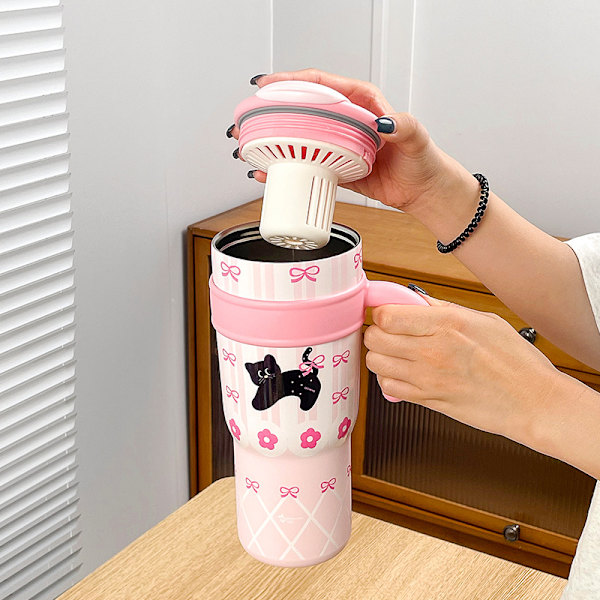 Termosmugg för kattungar, stor kapacitet, jättestor vattenmugg, kallt sugrör, söt dubbeldricksmugg, ismugg för flickor Pink Peach Cat 700ML
