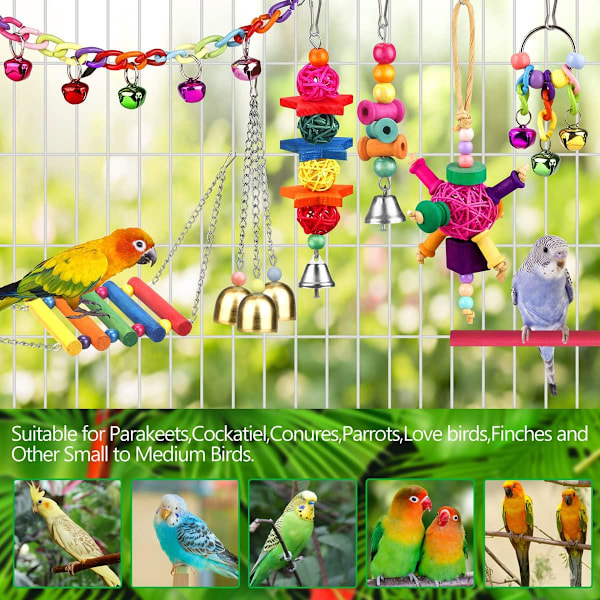 Conure-papukaijojen lelut, lintuhäkki värikkäällä tikapuuhenkilöllä, jossa on orsi, purulelu, riippuva kello, papukaija, undulaatti, neitokakadu, lemmenlintu