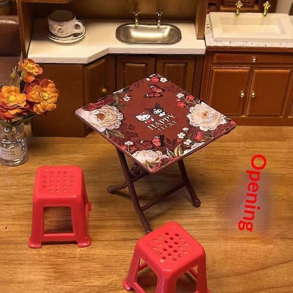 1 sæt dukkehus scene møbler tilbehør Hellokitty tema miniature bordmodel med 4 stole hjem ornament legetøj A