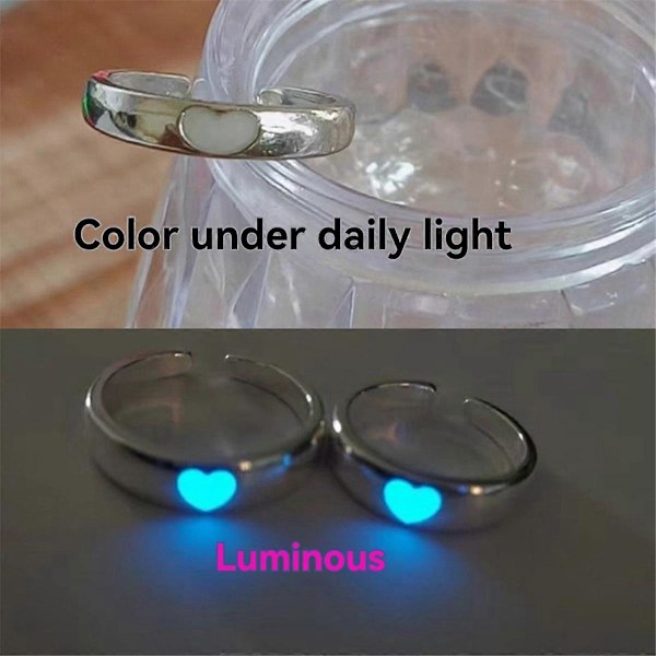 Luminous Love Heart Finger Ring Glöd i Mörkret Mode Justerbara Parringar Färg Rosa Blå Smycken Kärleksgåva