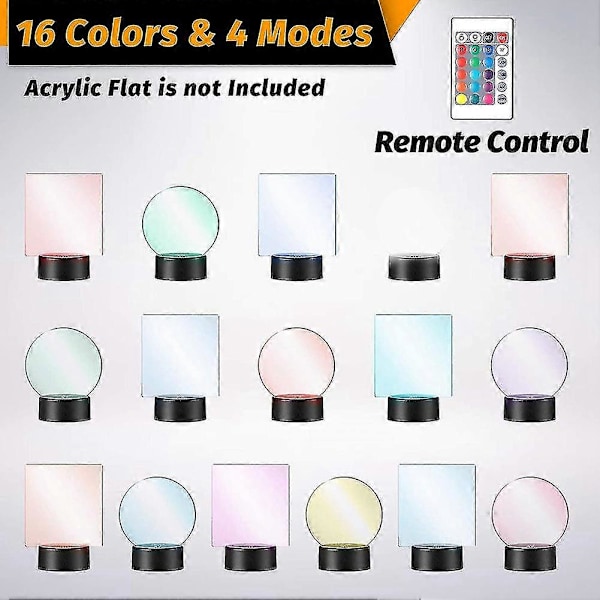2-pakke 3D natt LED-lys lampebase + fjernkontroll + USB-kabel, 16 farger lysshow displaystativ for akryl svart