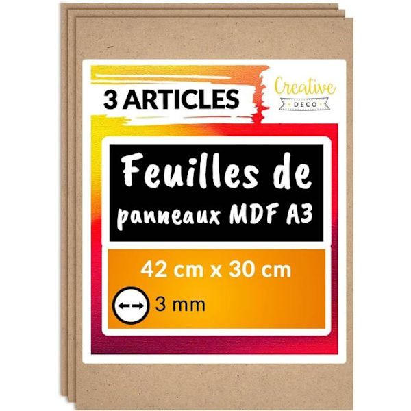 Raakapuulevylevy - Creative Deco - 3 x A3 MDF 420 x 300 x 3 mm Naturlig