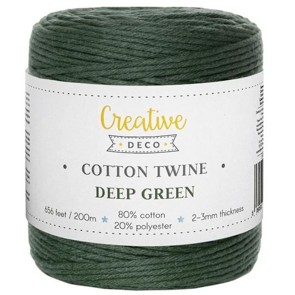 Dybgrønt Macramé-reb - 3 mm x 200 m - Tråd af bomuld og polyester - (+/-) 0,5 mm tykkelse - Naturlig ledningsgarn