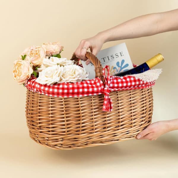 Picknickkorg - CREATIVE HOME - Creative Home - Flätad rotting - Röda rutor - 45x32x34 cm brun