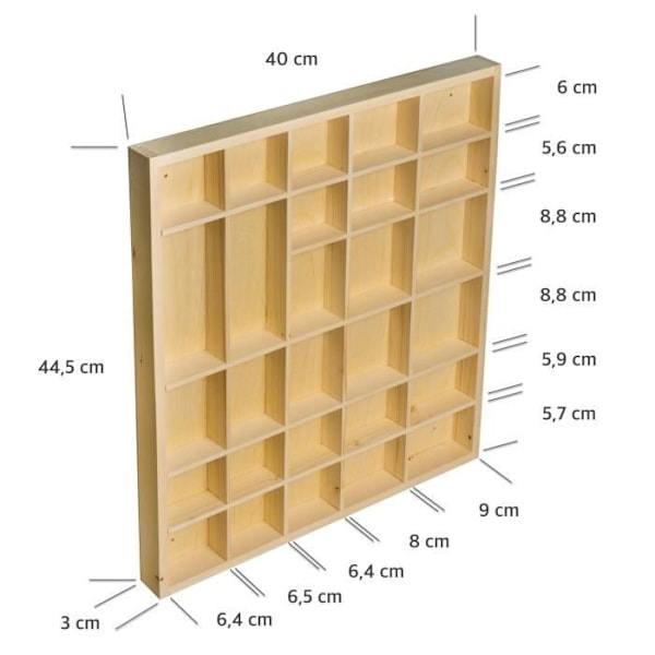 Liten utställningshylla i omålat trä - 28 fack - 44,5x40x3 cm - Förvaring av smycken och pärlor för garderob Naturlig