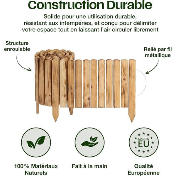Trädgårdsrand i trä - CREATIVE HOME - Flexibel rullkant med integrerade pinnar - 200 x 10 cm - Opaliserad - Mögelresistent Opaliserad