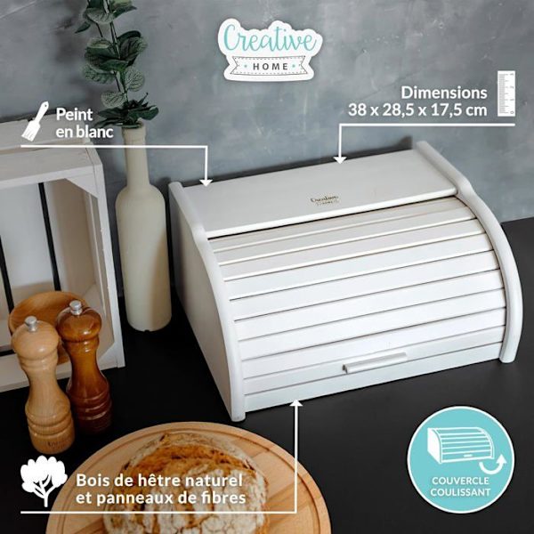 Brödlåda - Kreativt hem - 38 x 28,5 x 17,5 cm - Bokträ - Vit - Modern design Vit
