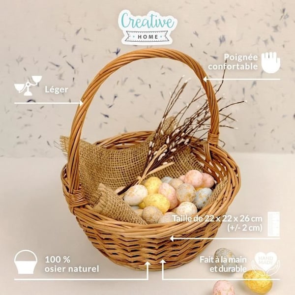 Creative Home Lille flet kurv | 22 x 22 x 26 cm (+-- 2 cm) | Håndvævet | Påskekurv | Gavekurv | Frugtkurv kastanj