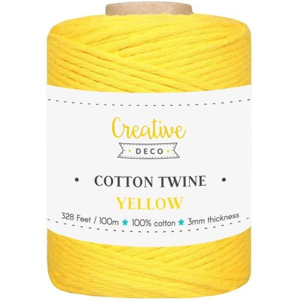 Macramé reb - bomuld - 3 mm x 100 m - gul - 15-lags garn Gul