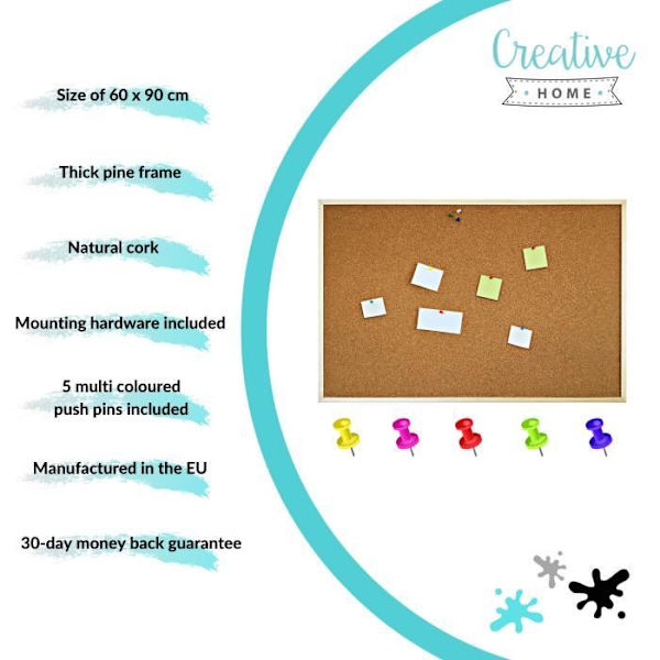Creative Home 90 x 60 cm Cork Wall Board | Pinramme | Skilt til kontor, køkken, soveværelse, cafe, hjem, skole