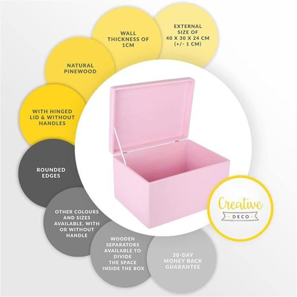 Creative Deco XXL Pink træopbevaringsboks - 40 x 30 x 24 cm - med låg Rosa