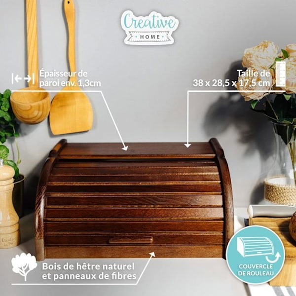 Creative Home Brown Bread Box | 38 x 28,5 x 17,5 cm | Brödlåda | Brödlåda av trä | Trälåda | Brödlådor Brun