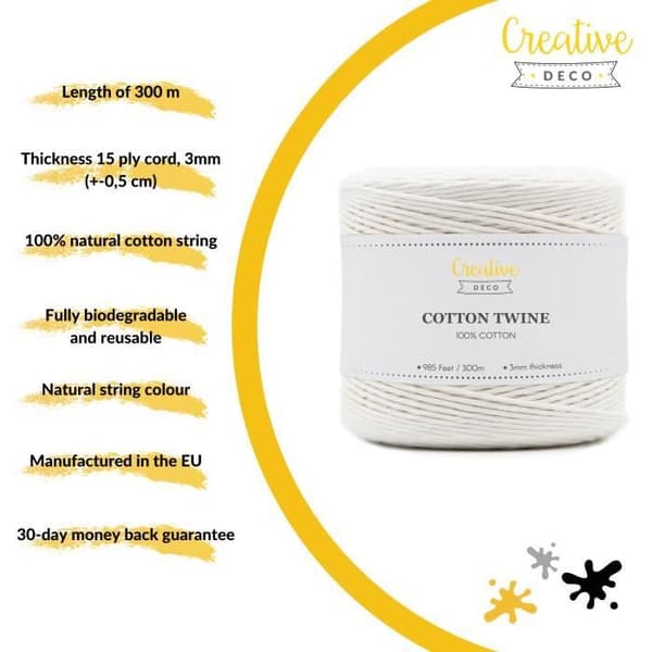 Macramé reb - CREATIVE DECO - 300m - Hvid - 12-lags - Bomuld