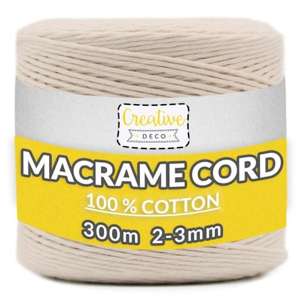 3 mm x 300 m Macramé-rep Beige bomullstråd - (+/-) 0,5 mm tjocklek - 15-lagers garn - Naturlig sladd
