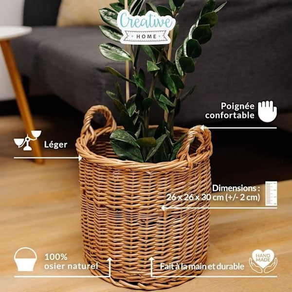 Creative Home flet kurv | 26 x 26 x 30 cm (+-- 2 cm) Urtepotteopbevaring | Flot urtepotte | Til frugt eller vasketøj kastanj