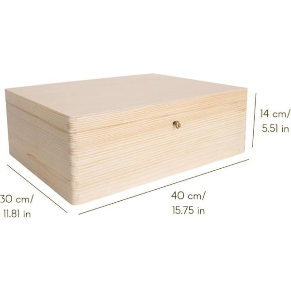 Opbevaringsboks - CREATIVE DECO - Umalet - 40 x 30 x 14 cm - Med lås og nøgle - Naturligt træ Omålad