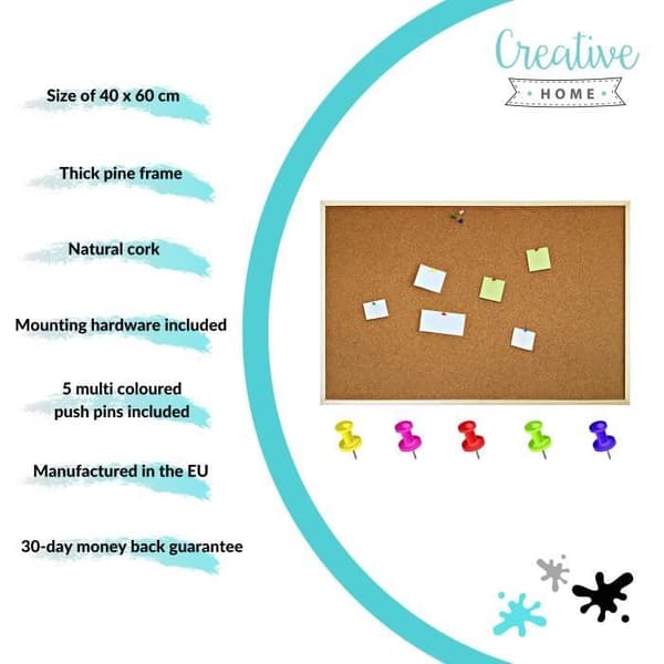 Creative Home 60 x 40 cm Cork Wall Board | Stiftram | Skylt för kontor, kök, sovrum, café, hem, skola