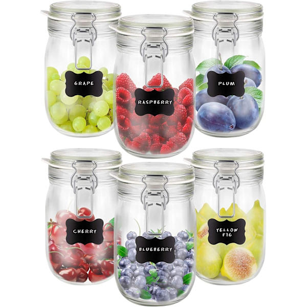 Sæt med 6 CREATIVE HOME lufttætte glaskrukker - 1L - Inkluderer etiketter og kridt Transparent