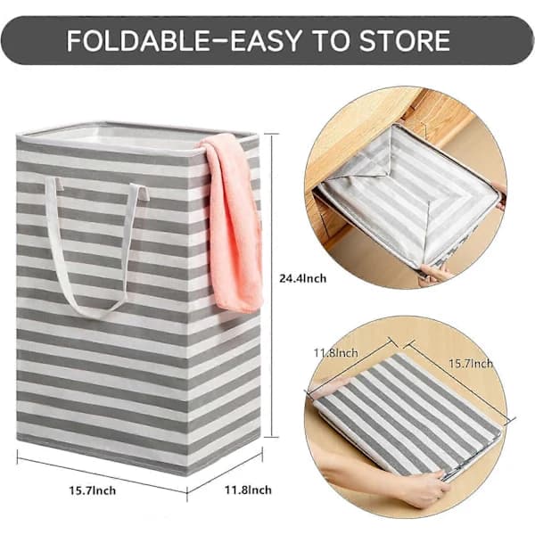 Foldable Laundry Basket, Rectangular Freestanding Tall Cotton Laundry Hamper for Clothes Toys Storage in Bedroom Laundry Room