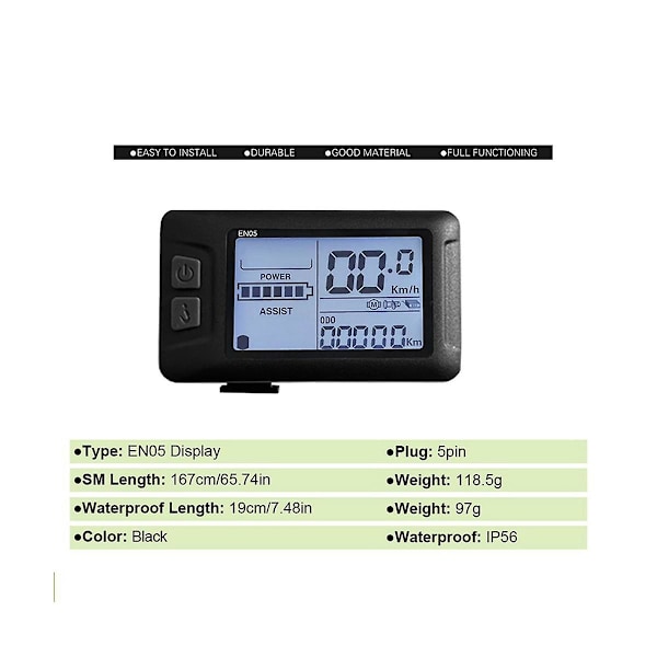 XJ-Ebike Lcd-en05 Display Kontrol 24/36/48v Speedometer Ledningsført Sm Stik Cykeltilbehør