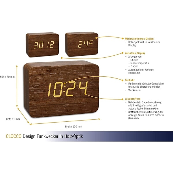 Tfa Dostmann Design Radiostyrd väckarklocka i träimitation Clocco, 60.2549.08, Plast, Brun/orange[C]