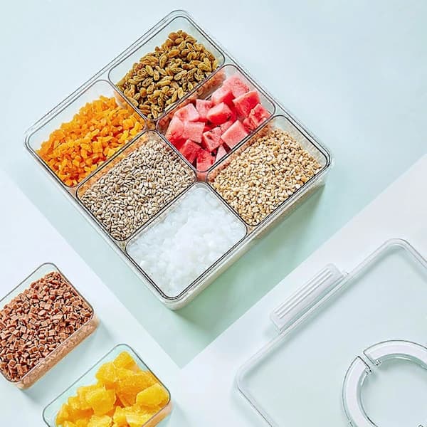 Divided Serving Tray with Handle Lid, Versatile 6-Compartment Snack Container