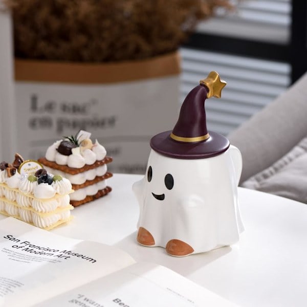 Nyhet Te-kopp, Keramik 33 cl Halloween Kaffe-mugg med lock - Vänligt spöke (Vit)