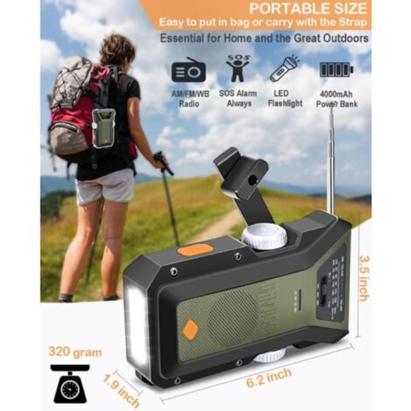Nödradioutrustning, bärbar AM/FM/WB (NOAA) väderradio, 4 000 mAh, Type-C/solcell/vev, 3 laddningslägen, SOS-larm