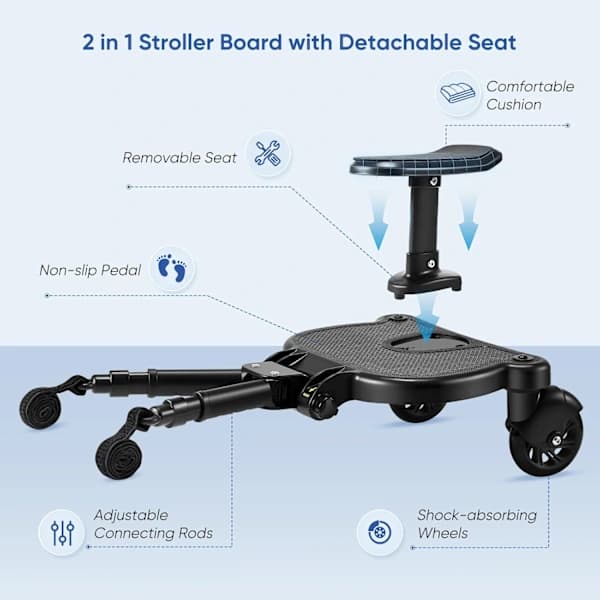 Universal Siddebræt til Barnevogn, Universal Skateboard til Barnevogn med Sæde, til Børn fra 2 til 6 År (25KG) (Sort)