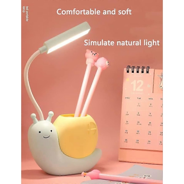 XJ-LED-skrivebordslampe for barn med pennholder, snegleform USB-lading studentlæring øyebeskyttelse lampe 360 bøybar justerbar hals gul