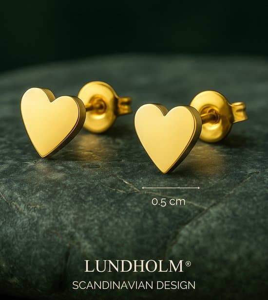 Lundholm Gull Hjerte Øredobber for Kvinner, 5mm Rustfritt Stål Gullbelagte Små Hjerte Studs, Andre Hull Piercing, Gave til Henne