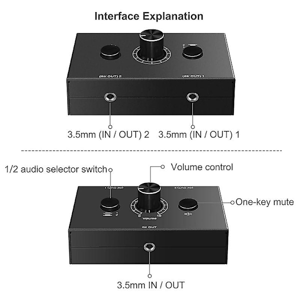 XJ-3.5mm Audio Switcher, 2 Inngang 1 Utgang/1 Inngang 2 Utgang Audio Splitter Switcher, Audio Switcher Boks