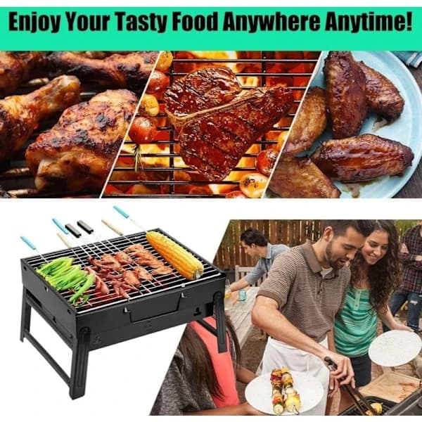 Bærbar Sammenklappelig Kulgrill med 2 Rustfri Klemmer til Udendørs Camping Picnic