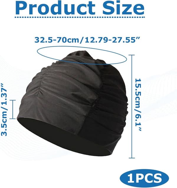 Oversized badehat til kvinder, svømmehætte i nylon til langt hår, plisseret design beskytter fletninger og krøller, One Size, sort